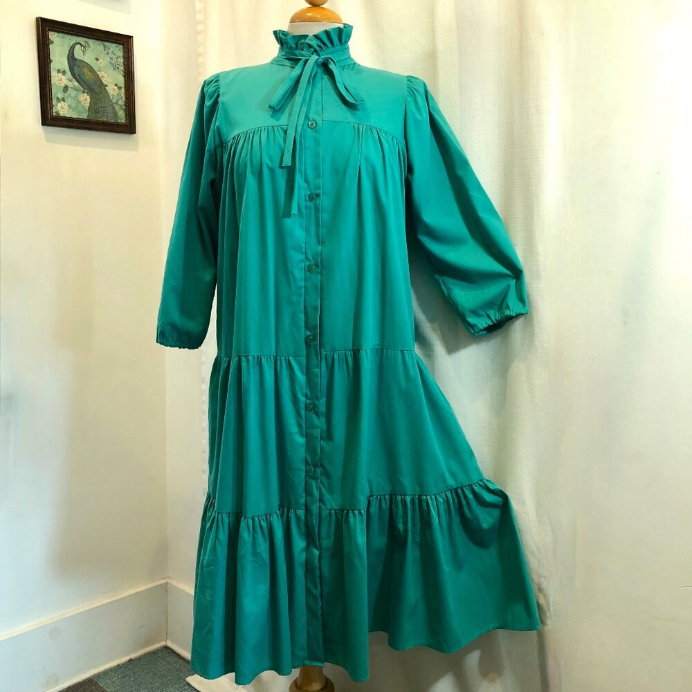 Vintage 1980s Boho Tiered Dress in Turquoise / Emerald Green Size S M